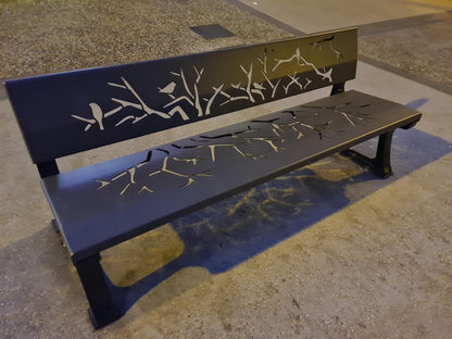 Banc design en aluminium, robuste et confortable, intérieur/extérieur, personnalisable en couleur et motif. Place publique